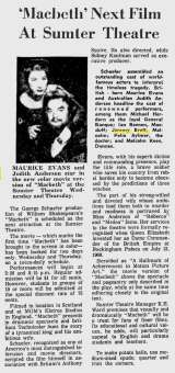 &lsquo;Macbeth&lsquo; Next Film At Sumter Theatre; The Sumter Daily Item; 16 Janvier 1965