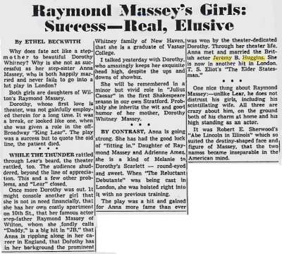 Raymond Massey&lsquo;s Girls: Success-Real, Elusive; Sunday Herald; 25 Janvier 1959