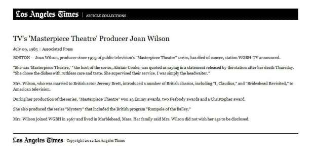 TV&lsquo;s &lsquo;Masterpiece Theatre&lsquo; Producer Joan Wilson; Los Angeles Times, 09 Juillet 1985