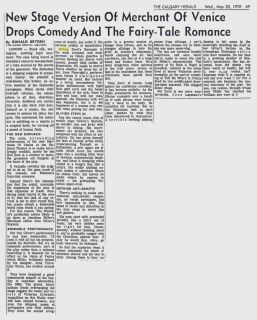 New Stage Version Of Merchant Of Venice Drops Comedy And The Fairy-Tale Romance; The Calgary Herald; 20 Mai 1970