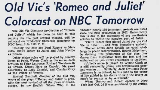 Old Vic&lsquo;s &lsquo;Romeo And Juliet&lsquo; Colorcast on NBC Tomorrow; Sunday Herald; 3 Mars 1957